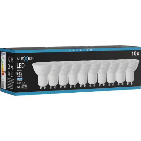 Mexen Nova 10x LED žiarovka GU10, 9W, Studená - 6500K, 945 lm - L108-GU10-0965-01x10