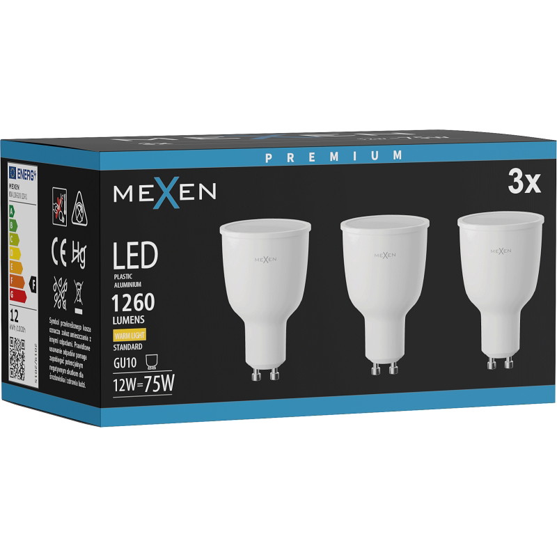 Mexen Nova 3x LED žiarovka GU10, 12W, Teplá - 3000K, 1260 lm - L108-GU10-1230-01x03