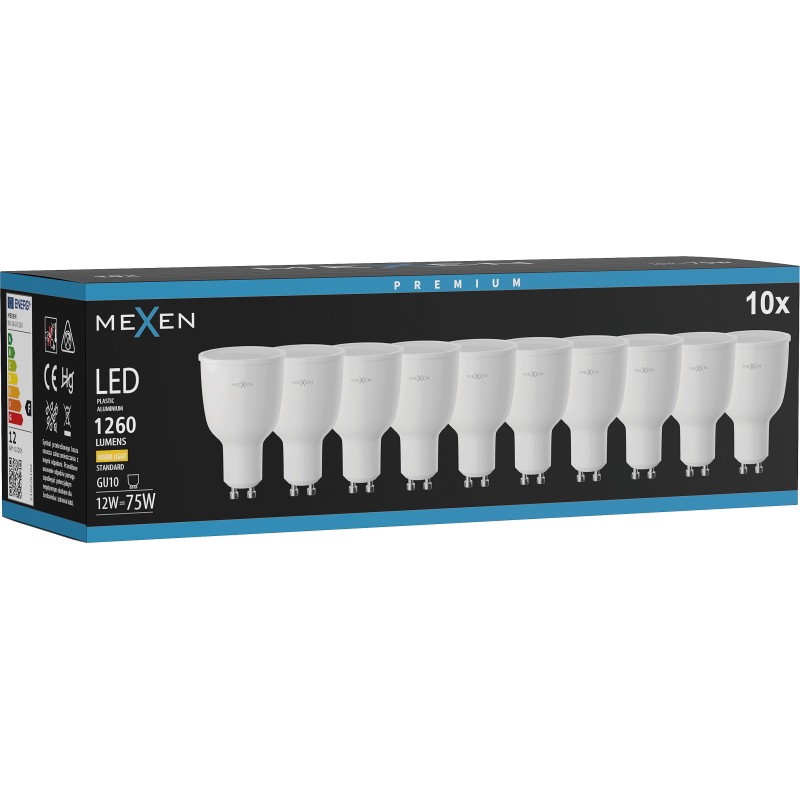 Mexen Nova 10x LED žiarovka GU10, 12W, Teplá - 3000K, 1260 lm - L108-GU10-1230-01x10