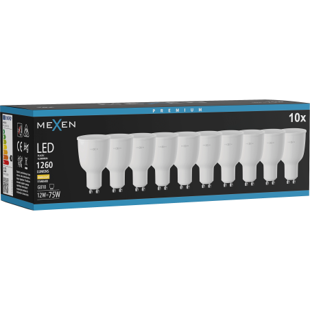 Mexen Nova 10x LED žiarovka GU10, 12W, Teplá - 3000K, 1260 lm - L108-GU10-1230-01x10