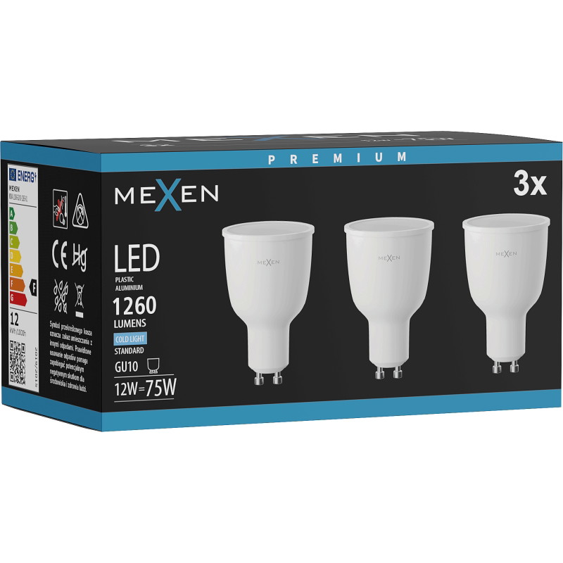 Mexen Nova 3x LED žiarovka GU10, 12W, Studená - 6500K, 1260 lm - L108-GU10-1265-01x03