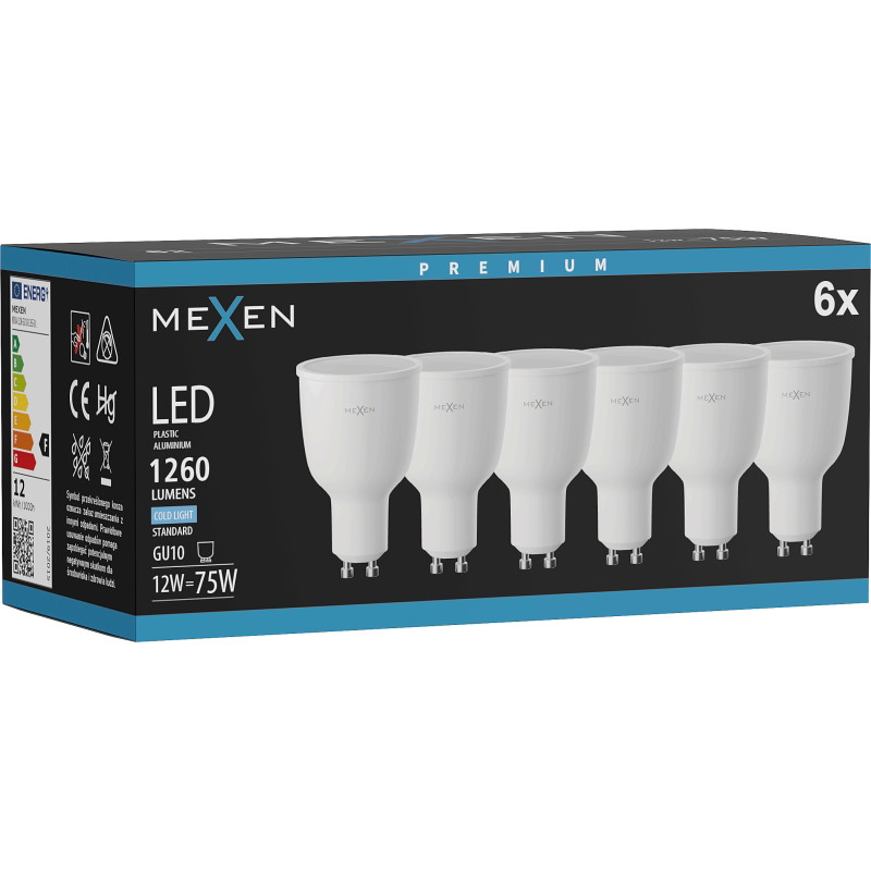 Mexen Nova 6x LED žiarovka GU10, 12W, Studená - 6500K, 1260 lm - L108-GU10-1265-01x06