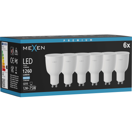 Mexen Nova 6x LED žiarovka GU10, 12W, Studená - 6500K, 1260 lm - L108-GU10-1265-01x06
