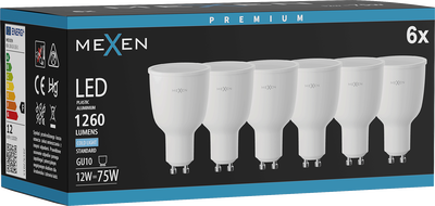Mexen Nova 6x LED žiarovka GU10, 12W, Studená - 6500K, 1260 lm - L108-GU10-1265-01x06