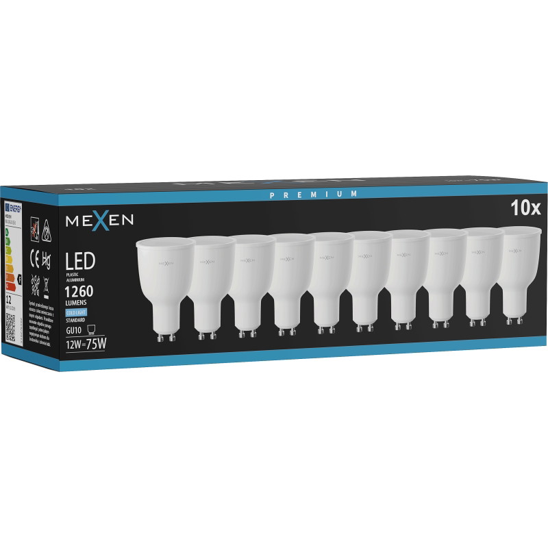 Mexen Nova 10x LED žiarovka GU10, 12W, Studená - 6500K, 1260 lm - L108-GU10-1265-01x10