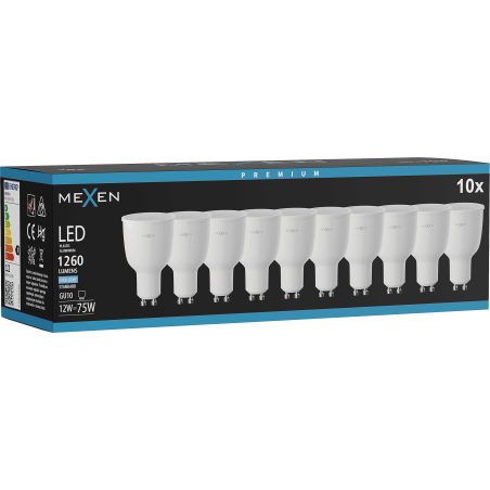 Mexen Nova 10x LED žiarovka GU10, 12W, Studená - 6500K, 1260 lm - L108-GU10-1265-01x10