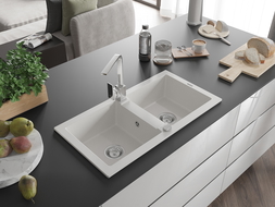 Mexen Mario žulový dvojkomorový kuchynský drez s kuchynskou batériou Rita, biely - 6504-20-670300-00