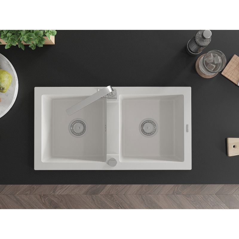 Mexen Mario žulový dvojkomorový kuchynský drez s kuchynskou batériou Rita, biely - 6504-20-670300-00