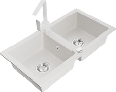 Mexen Mario dvojkomorový granitový drez s kuchynskou batériou Rita, biely - 6504-20-670300-20
