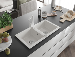 Mexen Mario dvojkomorový granitový drez s kuchynskou batériou Rita, biely - 6504-20-670300-20