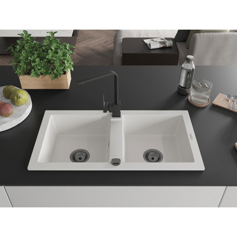 Mexen Mario dvojkomorový žulový kuchynský drez s kuchynskou batériou Rita, biela - 6504-20-670300-70