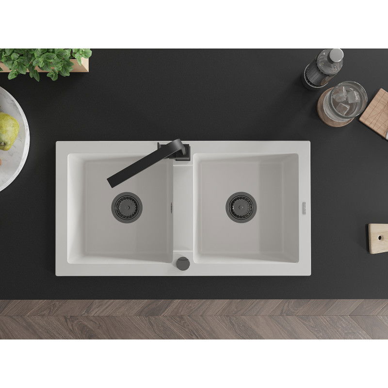 Mexen Mario dvojkomorový žulový kuchynský drez s kuchynskou batériou Rita, biela - 6504-20-670300-70