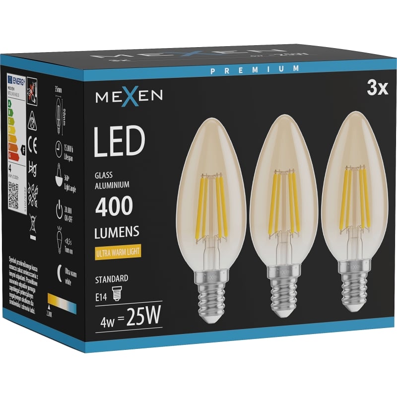 Mexen Vintis 3x Žiarovka filament LED E14, C35, 4W, Teplá - 2200K, 400 lm, jantárová - L154-E14-0422-50x03