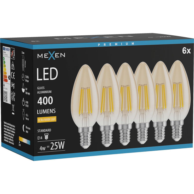 Mexen Vintis 6x LED filamentová žiarovka E14, C35, 4W, Teplá - 2200K, 400 lm, jantárová - L154-E14-0422-50x06