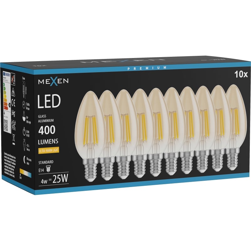 Mexen Vintis 10x žiarovka filament LED E14, C35, 4W, Teplá - 2200K, 400 lm, amber - L154-E14-0422-50x10