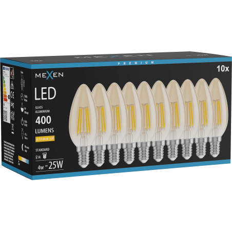 Mexen Vintis 10x žiarovka filament LED E14, C35, 4W, Teplá - 2200K, 400 lm, amber - L154-E14-0422-50x10