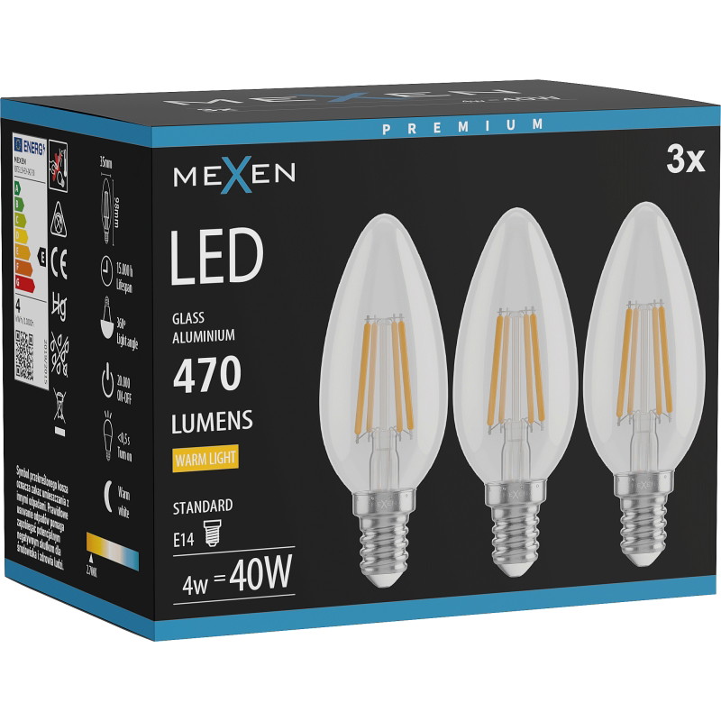 Mexen Vintis 3x LED filament žiarovka E14, C35, 4W, Teplá - 2700K, 470 lm, číra - L154-E14-0427-00x03
