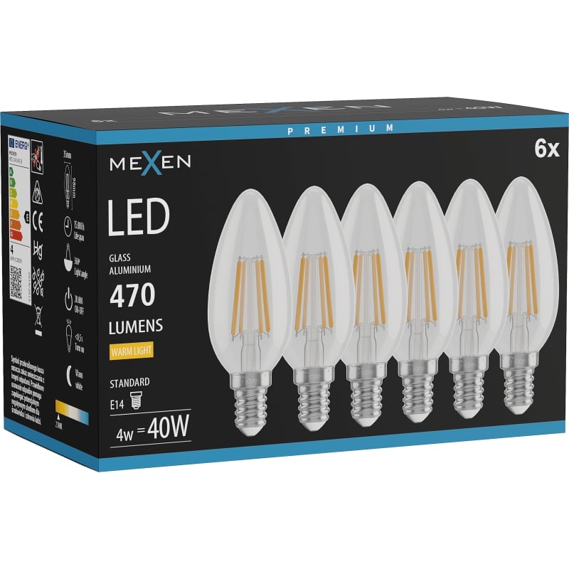 Mexen Vintis 6x Žiarovka filament LED E14, C35, 4W, Teplá - 2700K, 470 lm, číra - L154-E14-0427-00x06