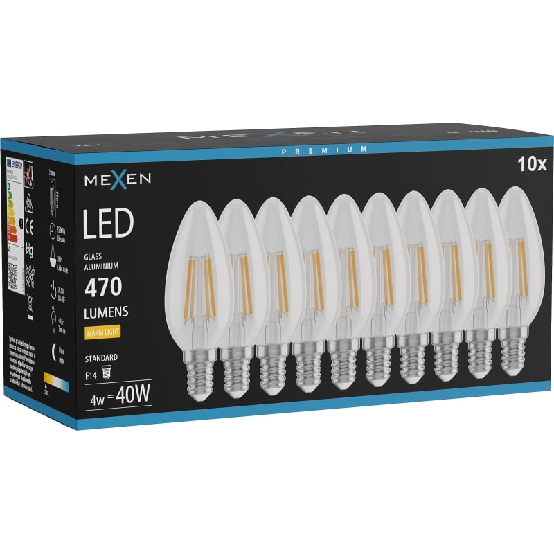 Mexen Vintis 10x Žiarovka filament LED E14, C35, 4W, Teplá - 2700K, 470 lm, číra - L154-E14-0427-00x10