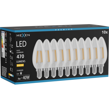 Mexen Vintis 10x Žiarovka filament LED E14, C35, 4W, Teplá - 2700K, 470 lm, číra - L154-E14-0427-00x10