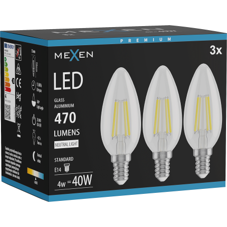 Mexen Vintis 3x LED filamentová žiarovka E14, C35, 4W, Neutrálna - 4000K, 470 lm, číra - L154-E14-0427-00x03