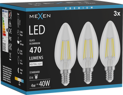 Mexen Vintis 3x LED filamentová žiarovka E14, C35, 4W, Neutrálna - 4000K, 470 lm, číra - L154-E14-0427-00x03