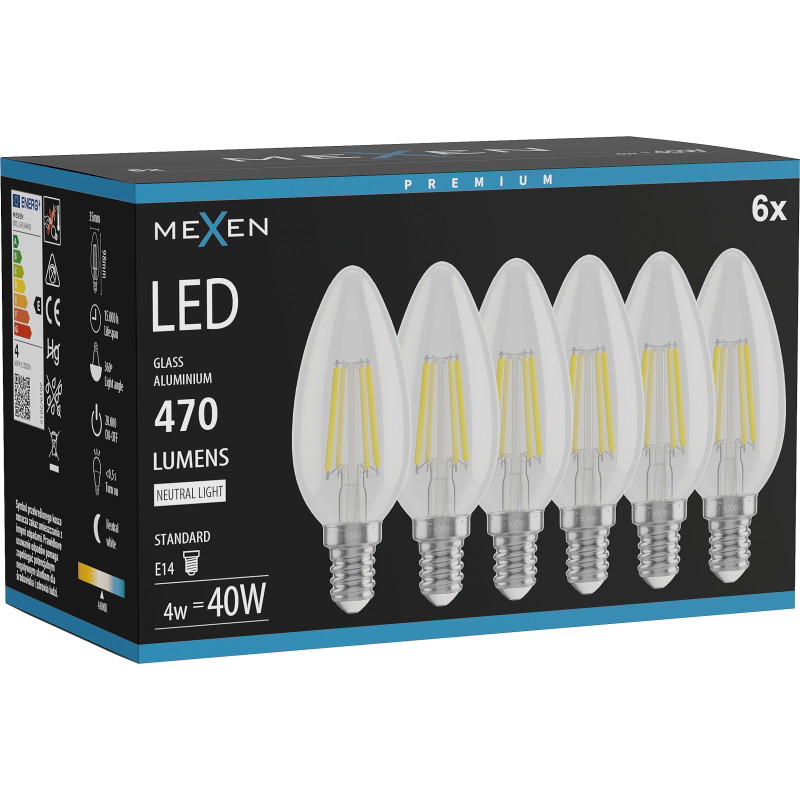 Mexen Vintis 6x Žiarovka filament LED E14, C35, 4W, Neutrálna - 4000K, 470 lm, číra - L154-E14-0427-00x06