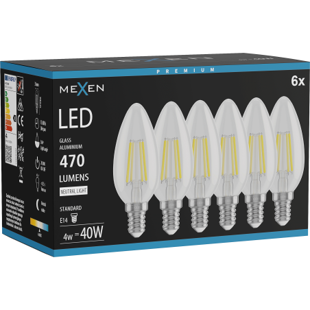 Mexen Vintis 6x Žiarovka filament LED E14, C35, 4W, Neutrálna - 4000K, 470 lm, číra - L154-E14-0427-00x06