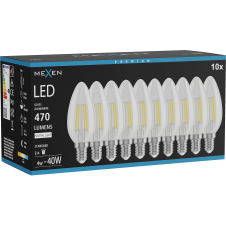 Mexen Vintis 10x LED filament žiarovka E14, C35, 4W, Neutrálna - 4000K, 470 lm, číra - L154-E14-0427-00x10