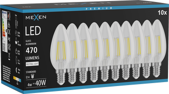 Mexen Vintis 10x LED filament žiarovka E14, C35, 4W, Neutrálna - 4000K, 470 lm, číra - L154-E14-0427-00x10