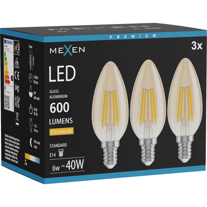 Mexen Vintis 3x LED vláknová žiarovka E14, C35, 6W, Teplá - 2200K, 600 lm, jantárová - L154-E14-0622-50x03