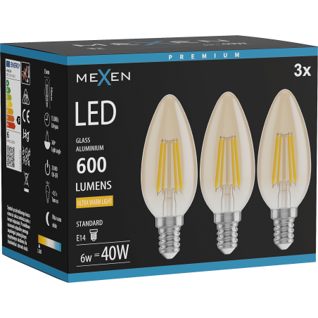 Mexen Vintis 3x LED vláknová žiarovka E14, C35, 6W, Teplá - 2200K, 600 lm, jantárová - L154-E14-0622-50x03