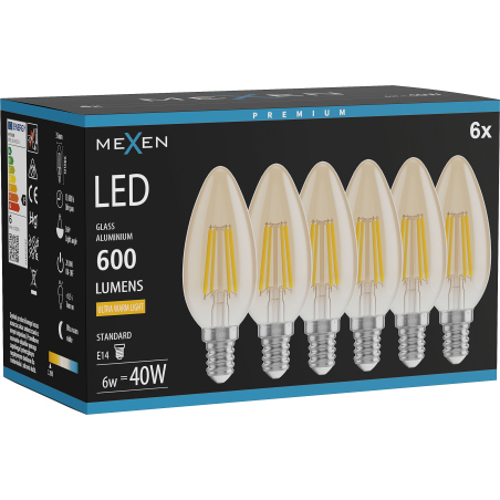 Mexen Vintis 6x LED filamentová žiarovka E14, C35, 6W, Teplá - 2200K, 600 lm, jantárová - L154-E14-0622-50x06