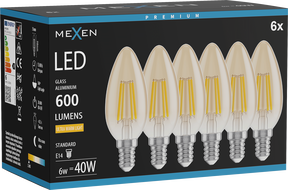 Mexen Vintis 6x LED filamentová žiarovka E14, C35, 6W, Teplá - 2200K, 600 lm, jantárová - L154-E14-0622-50x06
