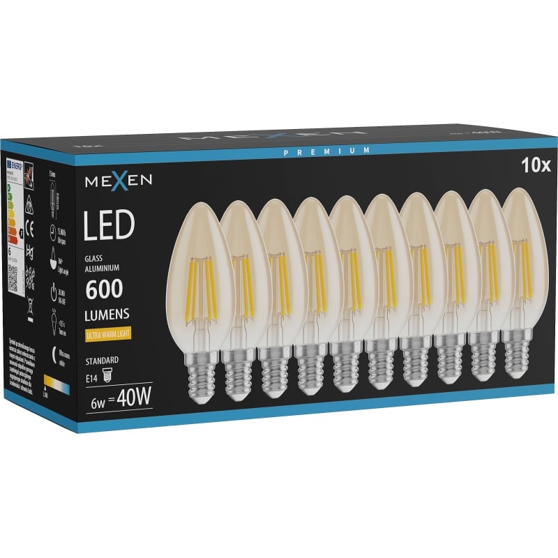 Mexen Vintis 10x LED žiarovka filament E14, C35, 6W, Teplá - 2200K, 600 lm, jantárová - L154-E14-0622-50x10