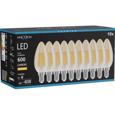 Mexen Vintis 10x LED žiarovka filament E14, C35, 6W, Teplá - 2200K, 600 lm, jantárová - L154-E14-0622-50x10