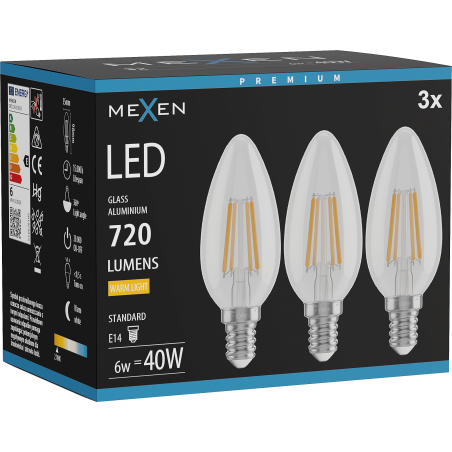 Mexen Vintis 3x LED vláknová žiarovka E14, C35, 6W, Teplá - 2700K, 720 lm, číra - L154-E14-0627-00x03