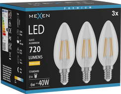 Mexen Vintis 3x LED vláknová žiarovka E14, C35, 6W, Teplá - 2700K, 720 lm, číra - L154-E14-0627-00x03