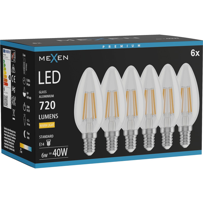 Mexen Vintis 6x LED žiarovka filament E14, C35, 6W, Teplá - 2700K, 720 lm, číra - L154-E14-0627-00x06