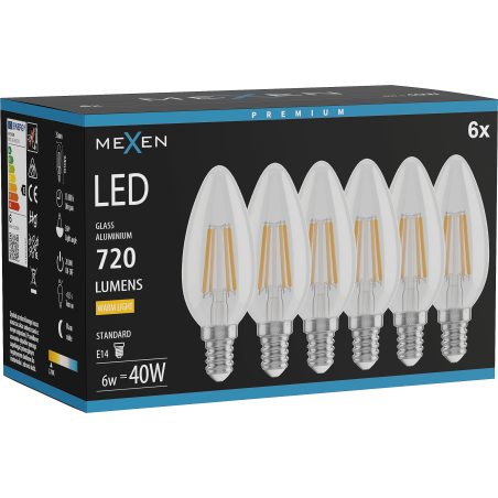 Mexen Vintis 6x LED žiarovka filament E14, C35, 6W, Teplá - 2700K, 720 lm, číra - L154-E14-0627-00x06