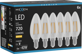 Mexen Vintis 6x LED žiarovka filament E14, C35, 6W, Teplá - 2700K, 720 lm, číra - L154-E14-0627-00x06