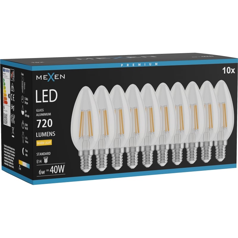Mexen Vintis 10x žiarovka filament LED E14, C35, 6W, Teplá - 2700K, 720 lm, číra - L154-E14-0627-00x10