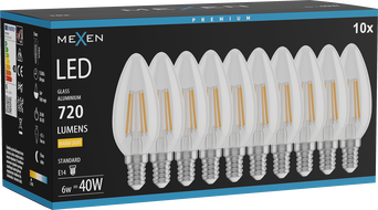 Mexen Vintis 10x žiarovka filament LED E14, C35, 6W, Teplá - 2700K, 720 lm, číra - L154-E14-0627-00x10