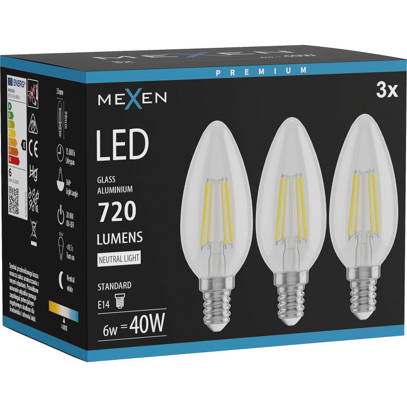 Mexen Vintis 3x Žiarovka filament LED E14, C35, 6W, Neutrálna - 4000K, 720 lm, číra - L154-E14-0640-00x03