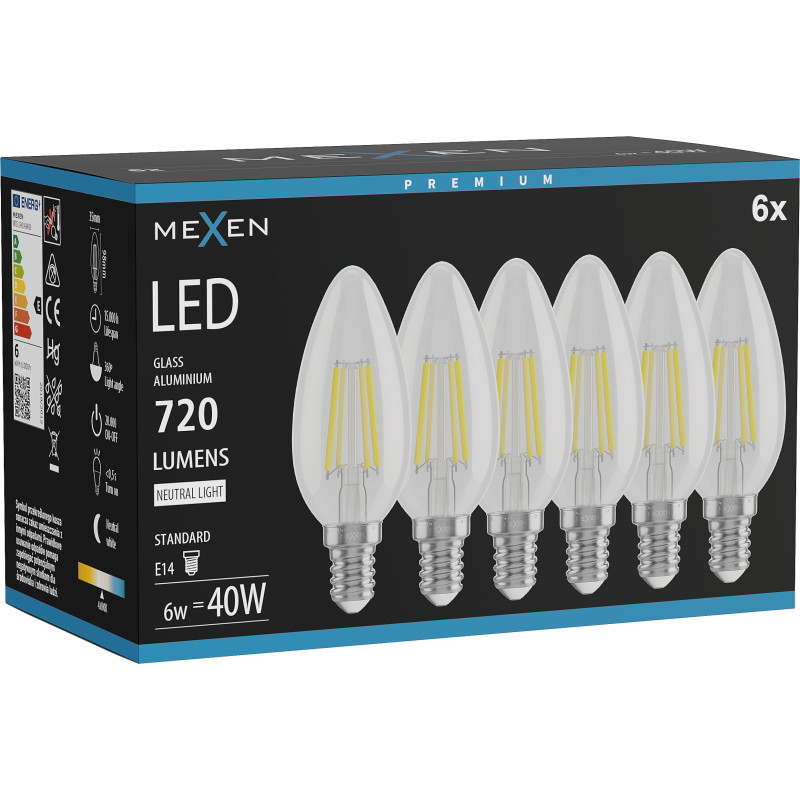 Mexen Vintis 6x LED žiarovka s vláknom E14, C35, 6W, Neutrálna - 4000K, 720 lm, číra - L154-E14-0640-00x06