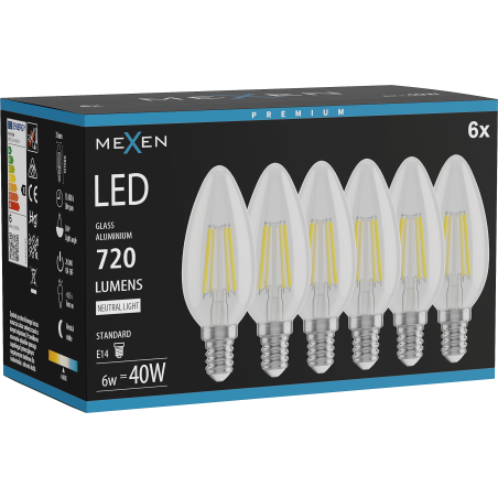 Mexen Vintis 6x LED žiarovka s vláknom E14, C35, 6W, Neutrálna - 4000K, 720 lm, číra - L154-E14-0640-00x06