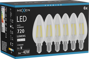 Mexen Vintis 6x LED žiarovka s vláknom E14, C35, 6W, Neutrálna - 4000K, 720 lm, číra - L154-E14-0640-00x06