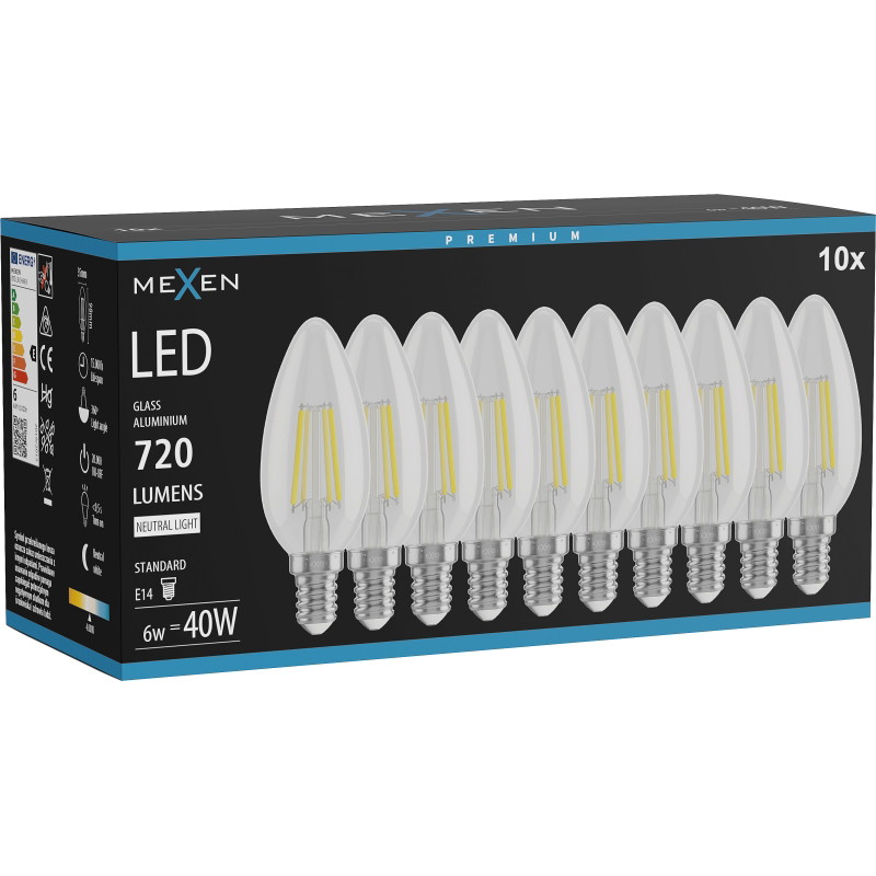 Mexen Vintis 10x žiarovka filament LED E14, C35, 6W, Neutrálna - 4000K, 720 lm, číra - L154-E14-0640-00x10