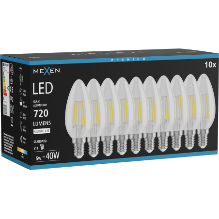 Mexen Vintis 10x žiarovka filament LED E14, C35, 6W, Neutrálna - 4000K, 720 lm, číra - L154-E14-0640-00x10