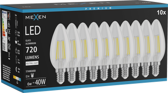 Mexen Vintis 10x žiarovka filament LED E14, C35, 6W, Neutrálna - 4000K, 720 lm, číra - L154-E14-0640-00x10